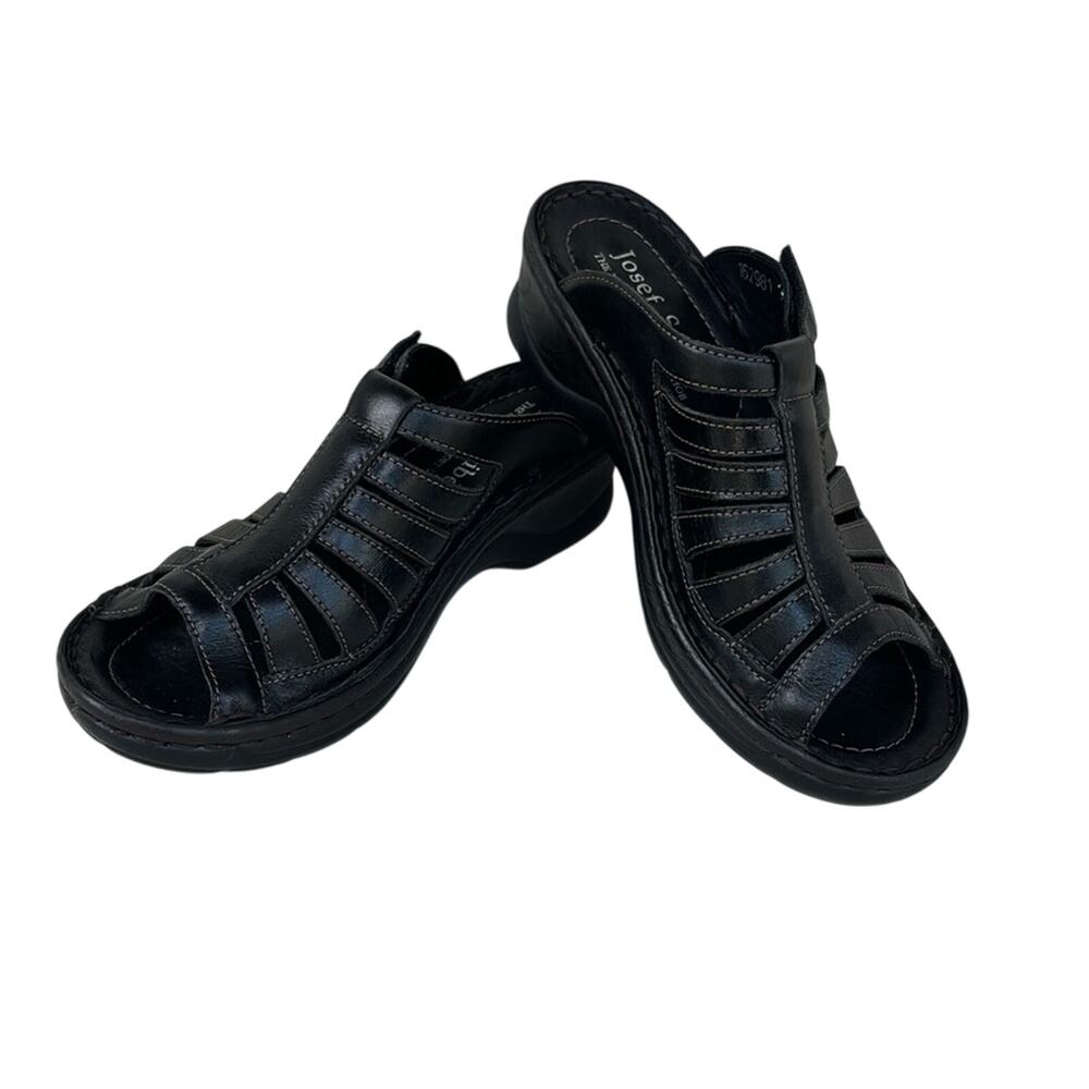 Josef Seibel Black Leather Strap Slip On Mules Hook and Loop Fastener SZ 5-5.5